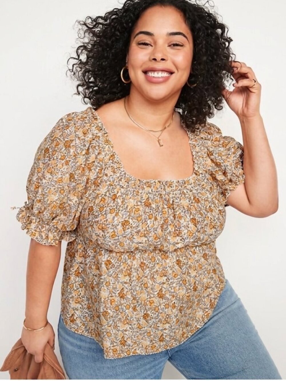 Old Navy Women's XXL Yellow Floral Puff-Sleeve Square Neck Babydoll Blouse